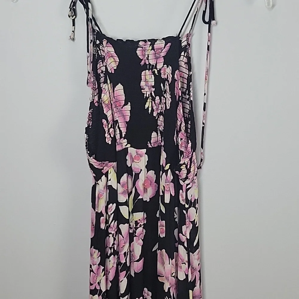 Free People Black Floral Smocked Maxi tiered Dress Long ties on shoulder